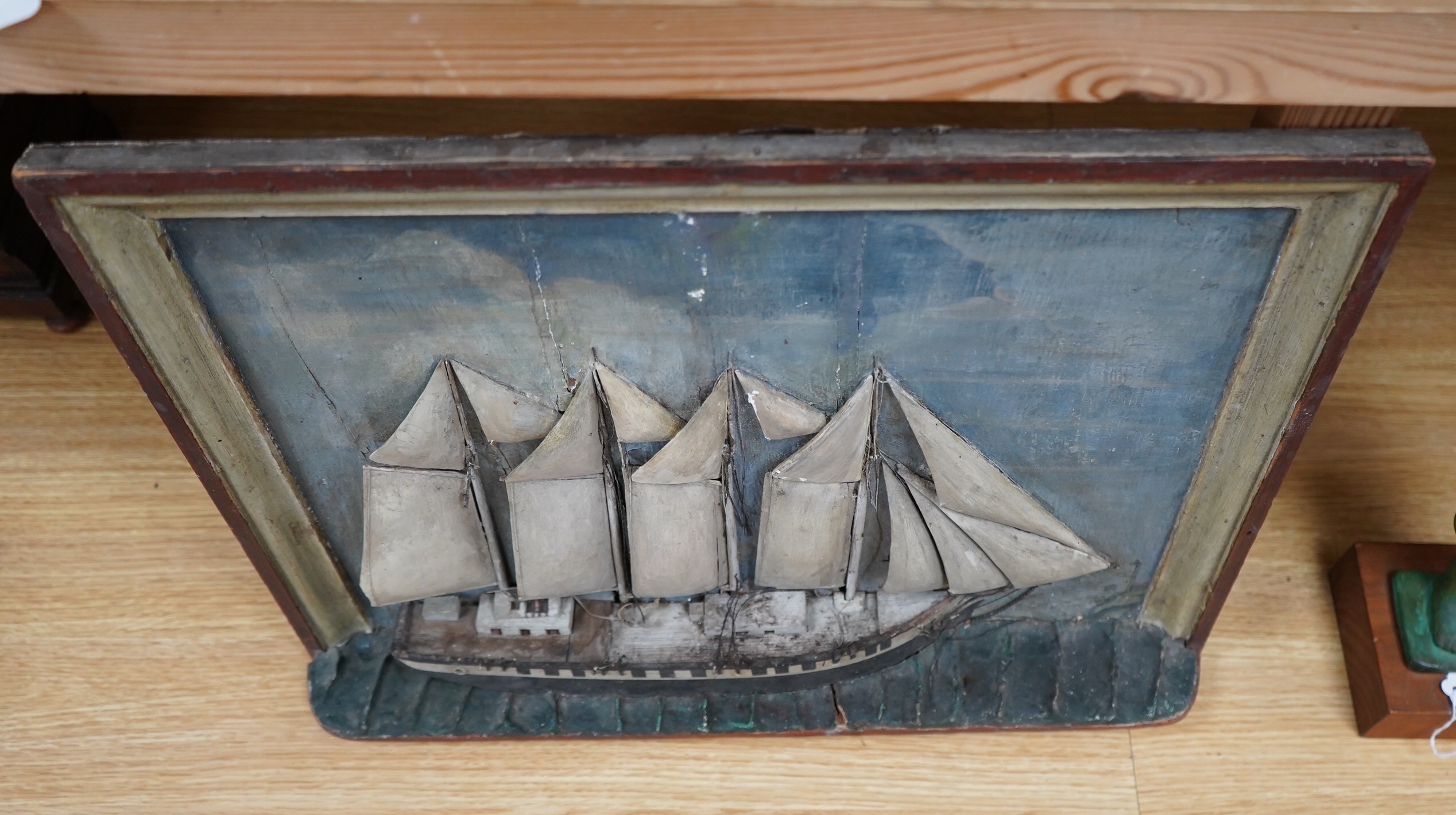 A 19th century American painted folk art diorama of a Barque, 39 x 52cm. Condition - poor to fair